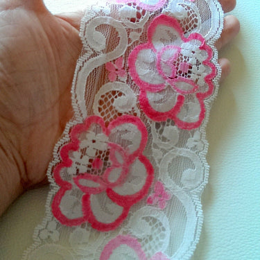 White And Pink Rose Floral Net Lace Trim Ribbon 85mm wide